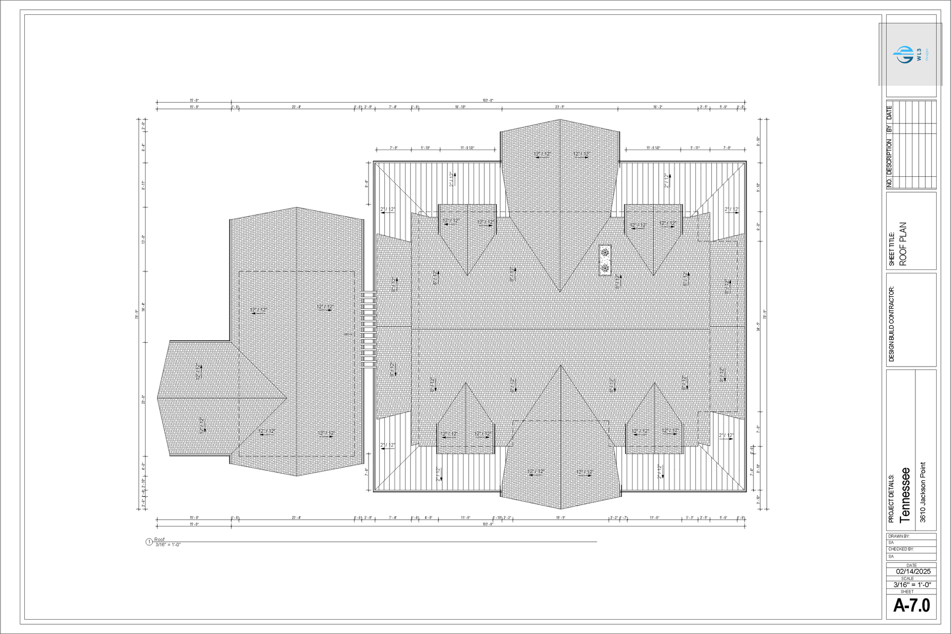Architectural roof plan with rectangular and angled roof sections. Lines and patterns indicate materials and structure.