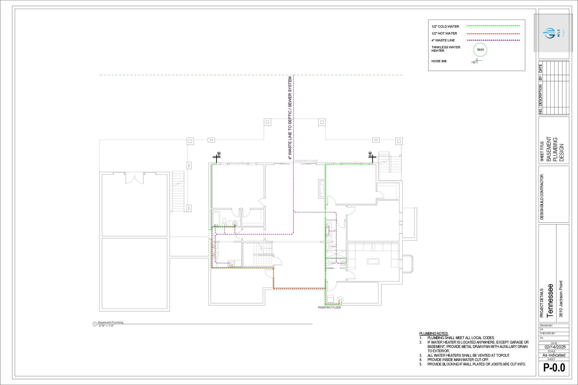 Architectural floor plan with red and green plumbing lines overlaid on the building layout.
