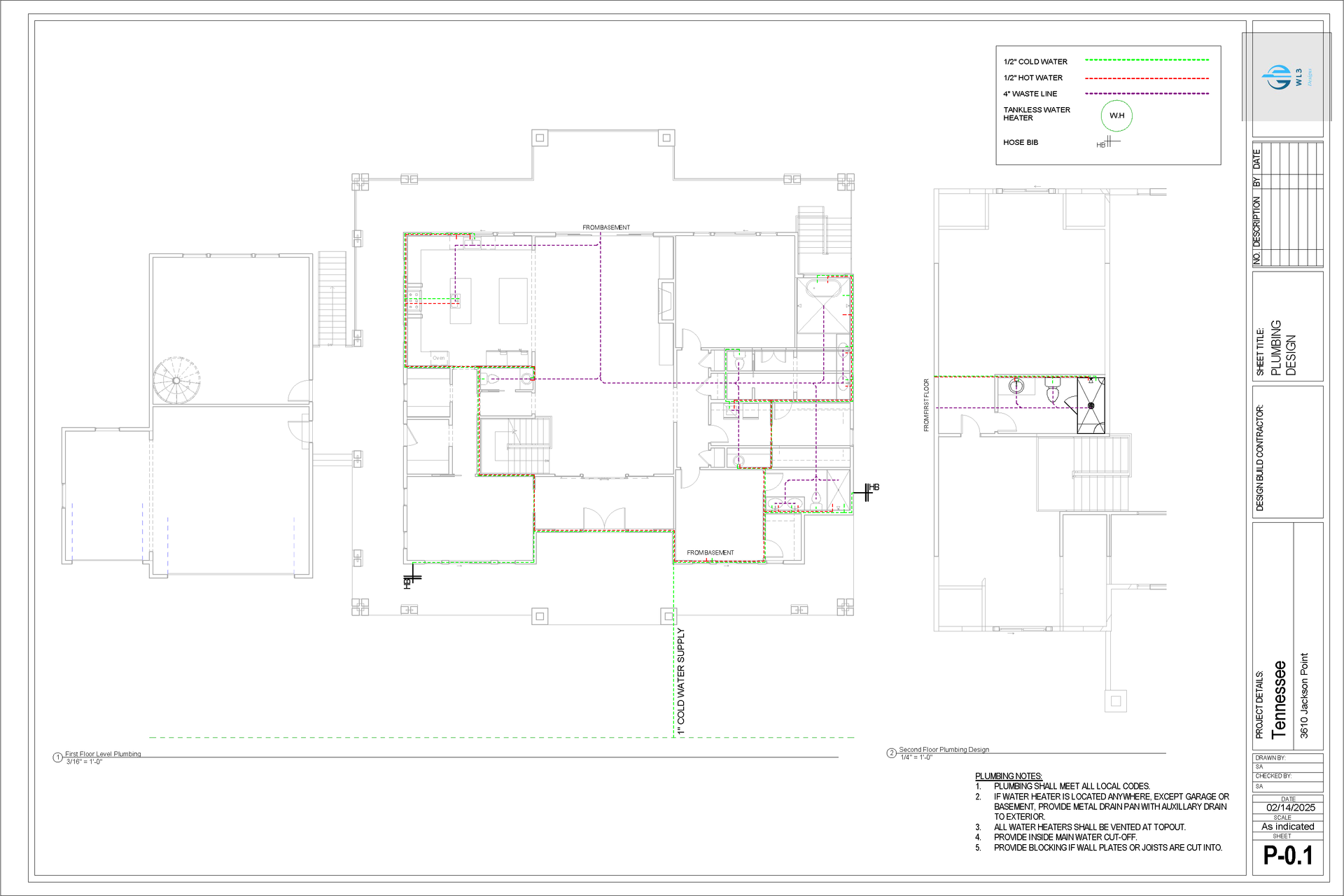 Architectural floor plan with colored plumbing lines.