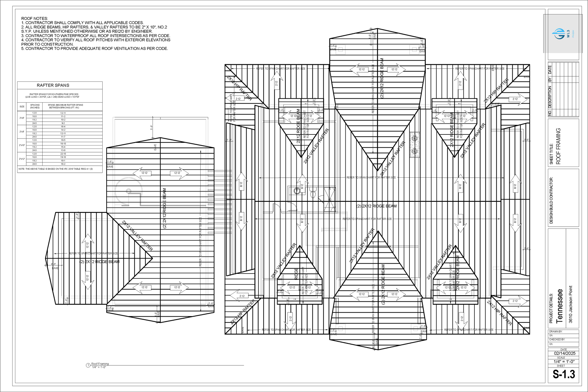 Architectural blueprint of a building roof plan with dimensions and labels.