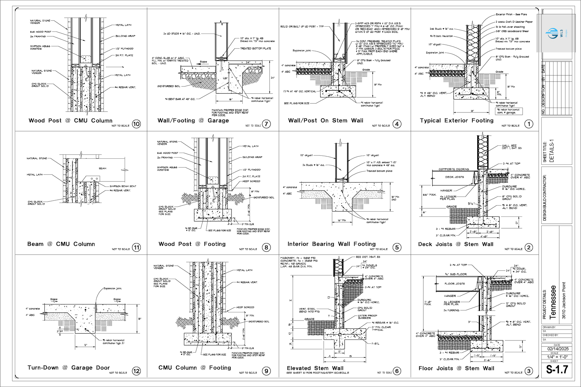 Architectural detail drawings of various building foundations and wall sections.