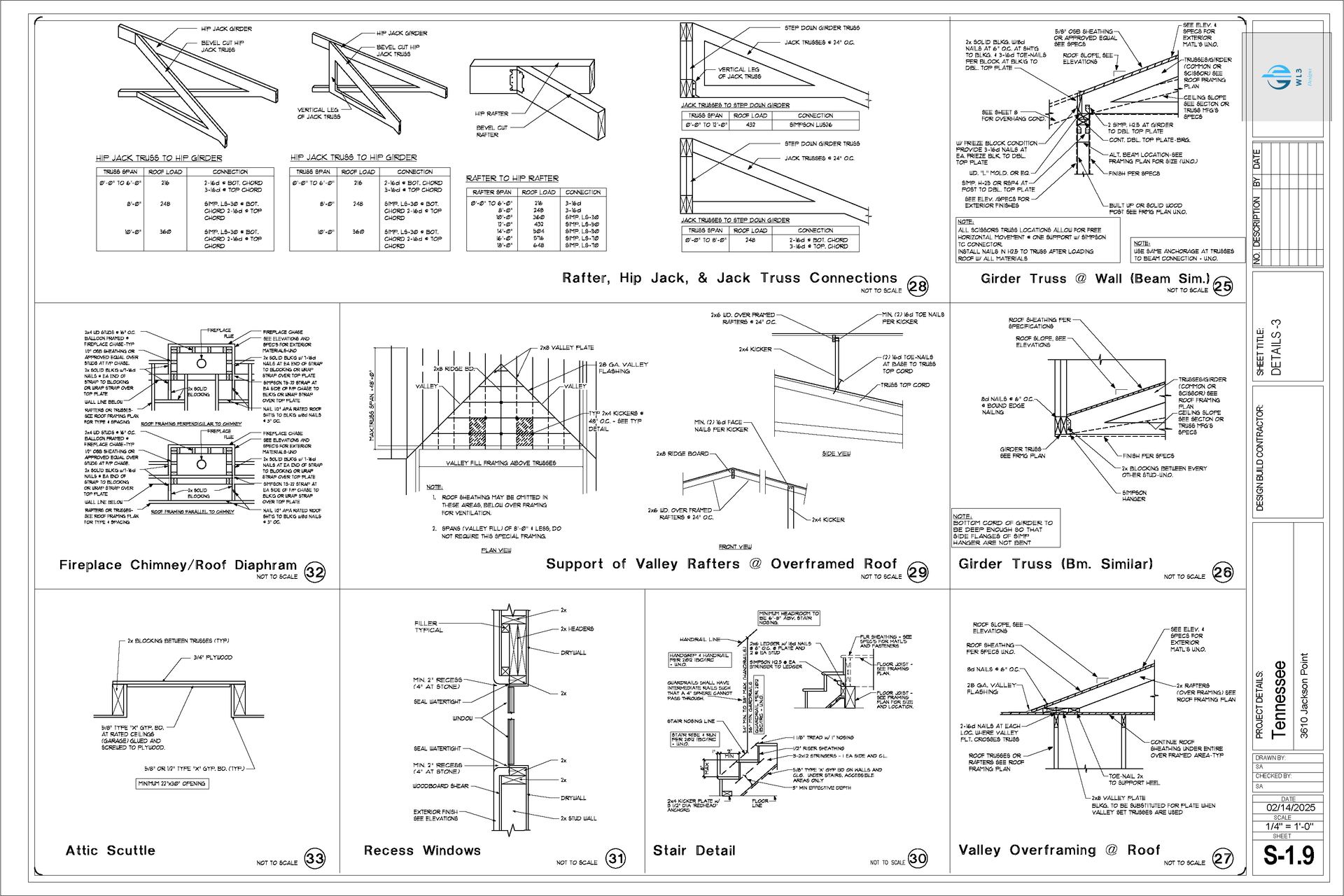 Architectural drawings showing various construction details, including trusses, wall sections, and roof connections.