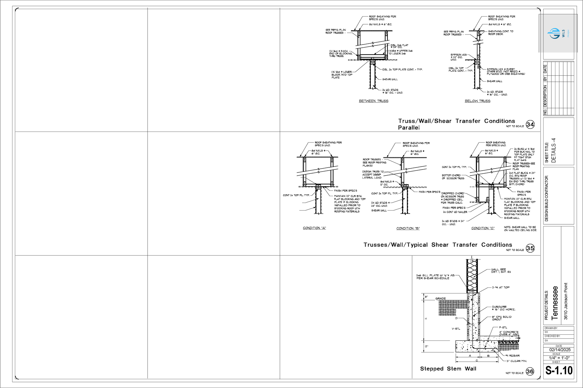 Architectural diagrams illustrating foundation details, including pier and grade beam sections.