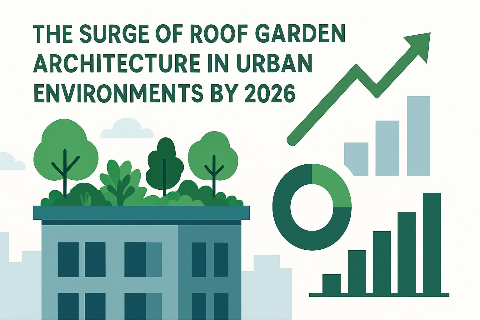 Illustration showing a modern building with a roof garden, greenery, and growth charts representing