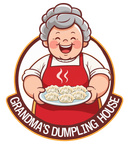 Logo of a smiling chef serving dumplings, with the text “Grandma’s Dumpling House” in a circular badge