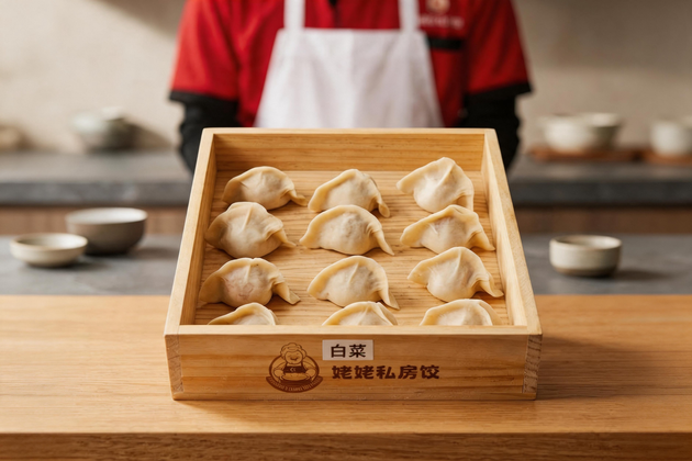 Bamboo tray of dumplings on a wooden counter, with a blurred chef in a red apron behind it