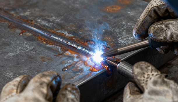 Manos enguantadas soldando dos piezas de metal, chispas de color azul blanquecino brillante sobre una superficie de acero.
