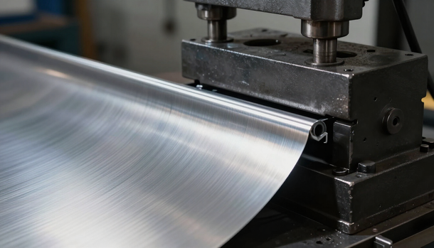 Una máquina dobla una lámina de metal en un taller industrial.