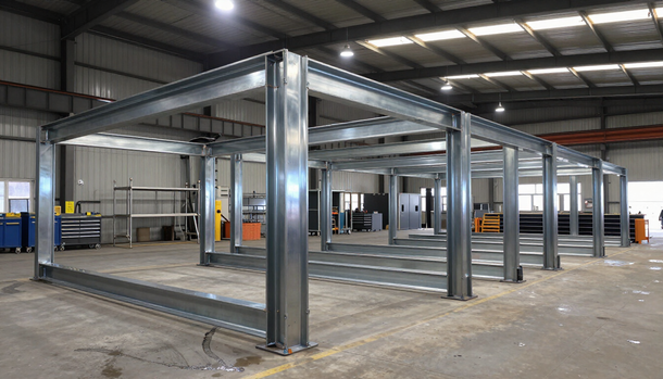 Estructura de acero en el interior de un almacén industrial en construcción.