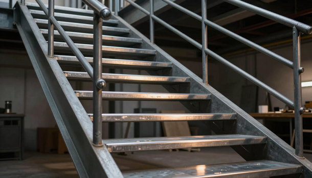 Escalera metálica con barandillas grises en un interior de estilo industrial.
