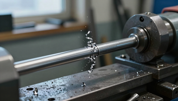 Una barra de metal está siendo mecanizada en un torno, con virutas volando en un taller.
