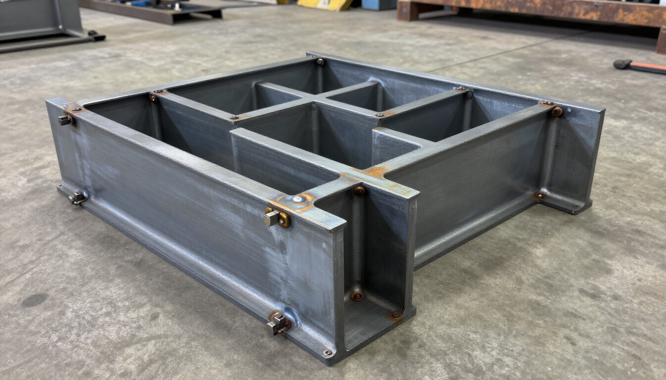 Gran estructura metálica gris soldada con soportes transversales internos, apoyada sobre el suelo de un taller.