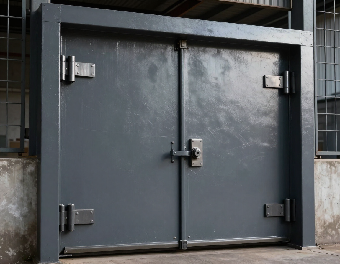 Grandes puertas dobles de seguridad de metal gris oscuro con bisagras robustas y pestillos centrales