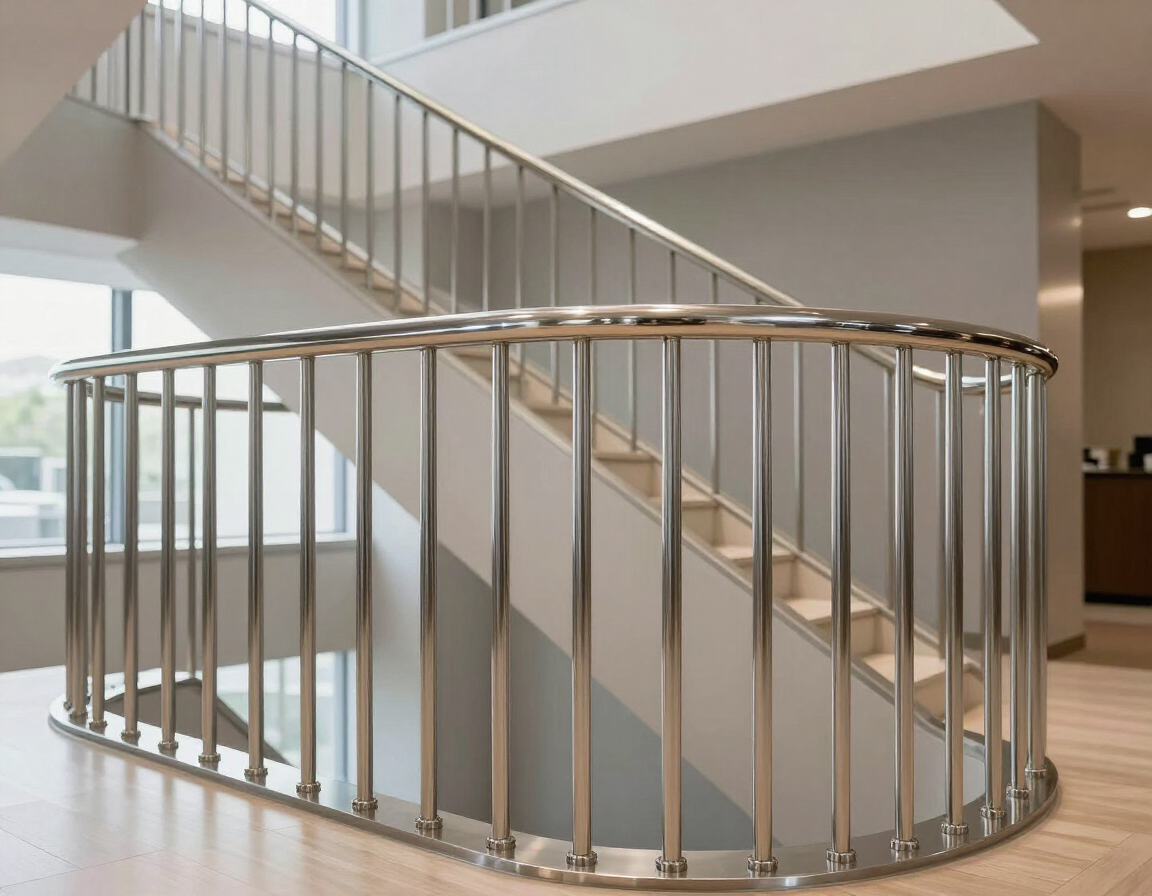 Barandilla de escalera metálica curvada en un vestíbulo interior moderno.