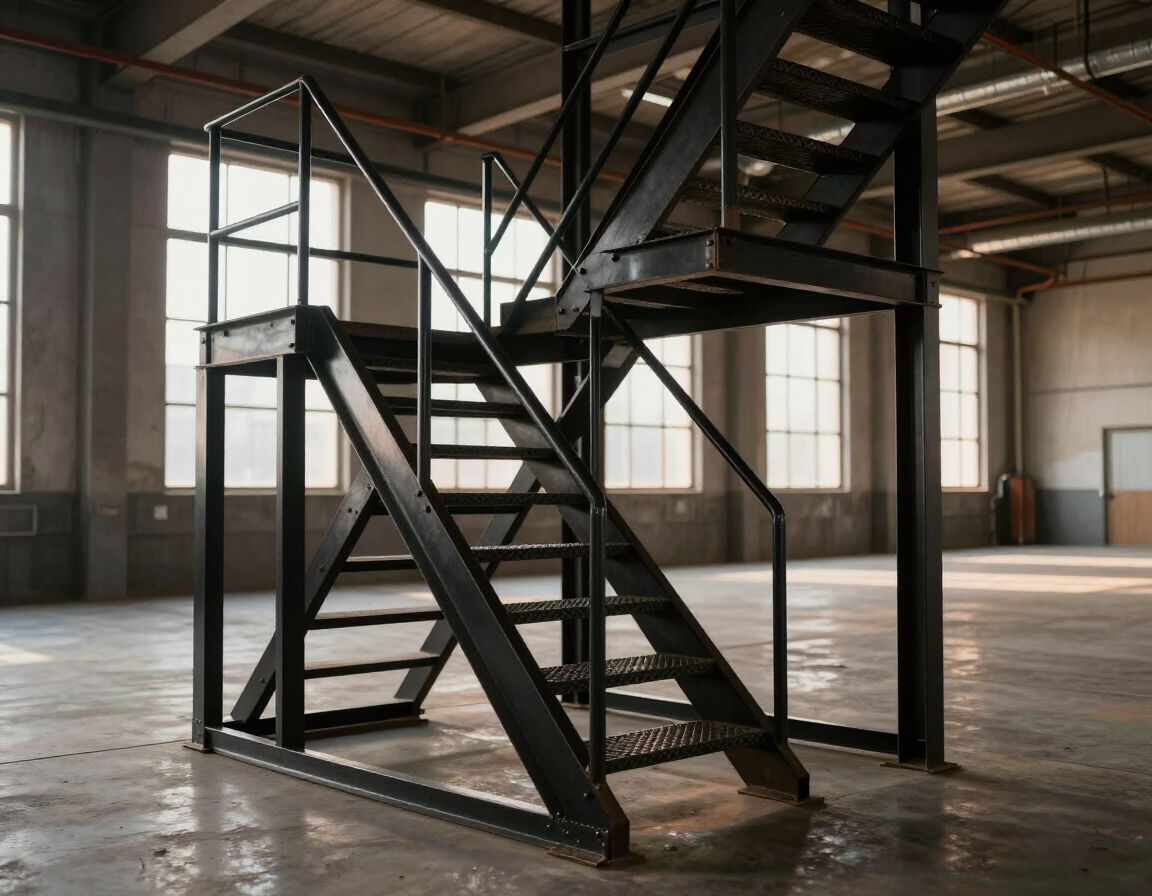 Escalera metálica industrial en un gran almacén vacío con ventanas altas y suelo de hormigón.