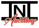 Logo for TNT Auctions with bold black block letters "TNT" framed by horizontal bars, and the word "Auctions" in red cursive.