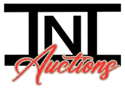 Logo for TNT Auctions with bold black block letters "TNT" framed by horizontal bars, and the word "Auctions" in red cursive.