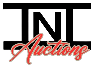 Logo for TNT Auctions with bold black block letters "TNT" framed by horizontal bars, and the word "Auctions" in red cursive.