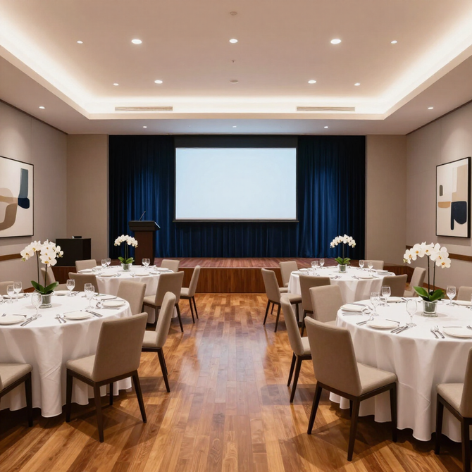 Elegant banquet hall with round tables, white linens, and a projection screen at the front