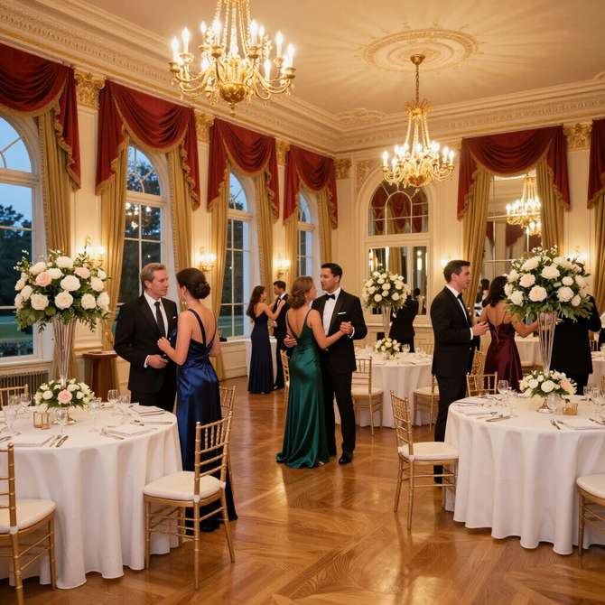 Elegant ballroom wedding reception with guests dancing among set tables and chandeliers