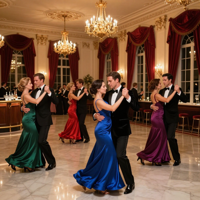 Couples ballroom dancing in a grand hall with chandeliers and red drapes
