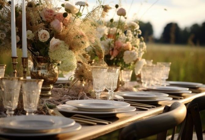 Elegant outdoor banquet table with white plates, gold accents, and floral centerpieces at sunset