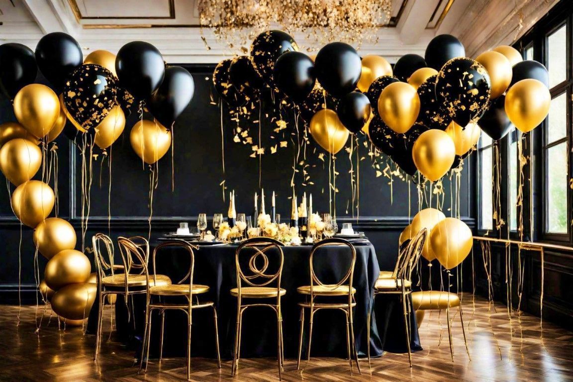 Black and gold balloon decorations around a banquet table in a formal room
