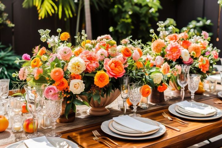 Elegant outdoor dining table with pink and orange floral centerpieces, plates, glassware, and candles