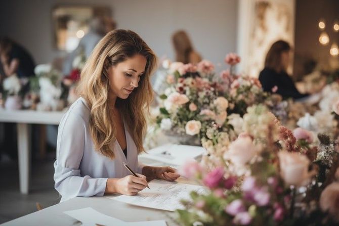 Woman arranging floral samples at a table in a bright studio