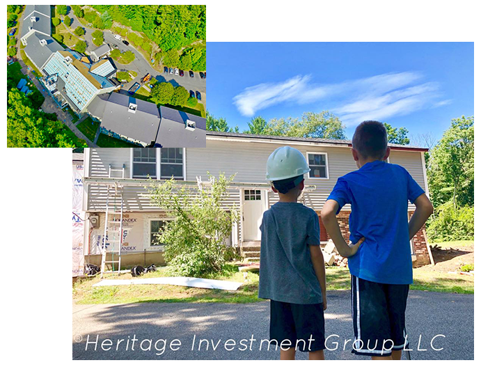 Photo Of Kids And Aerial View Of Houses — Windsor, CT — HIG Roofing & Construction LLC Photo Of Kids And Aerial View Of Houses — Windsor, CT — HIG Roofing & Construction LLC