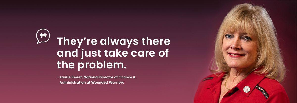A woman in a red jacket with a quote that says they 're always there and just take care of the problem