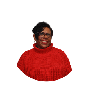A woman wearing glasses and a black shirt is smiling