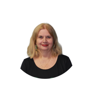 A woman wearing glasses and a black shirt is smiling