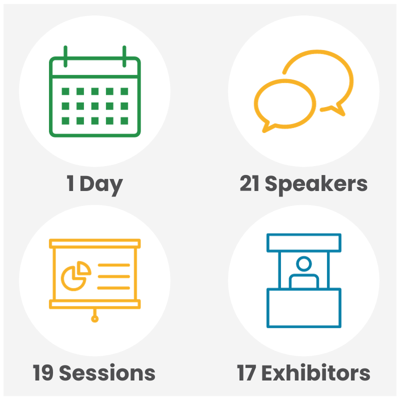 A calendar , speech bubbles , a presentation , and exhibitors icons