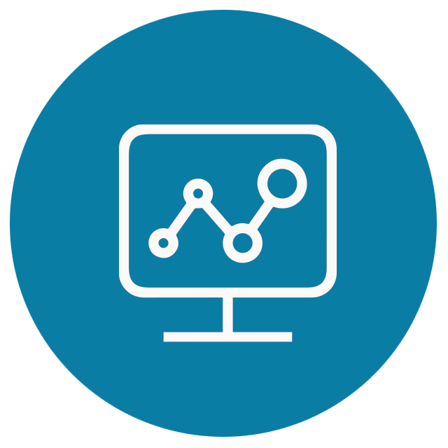 A computer monitor with a graph on it in a blue circle.