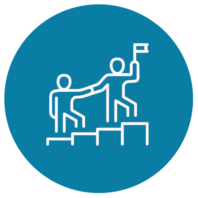 A man is helping another man climb a set of stairs while holding a flag.
