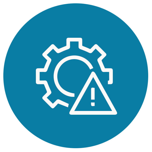 An icon of a gear and a warning sign in a blue circle.