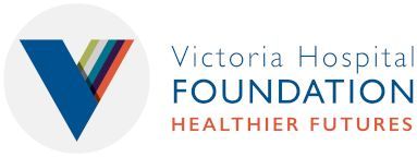 The logo for the victoria hospital foundation shows a v in a circle.