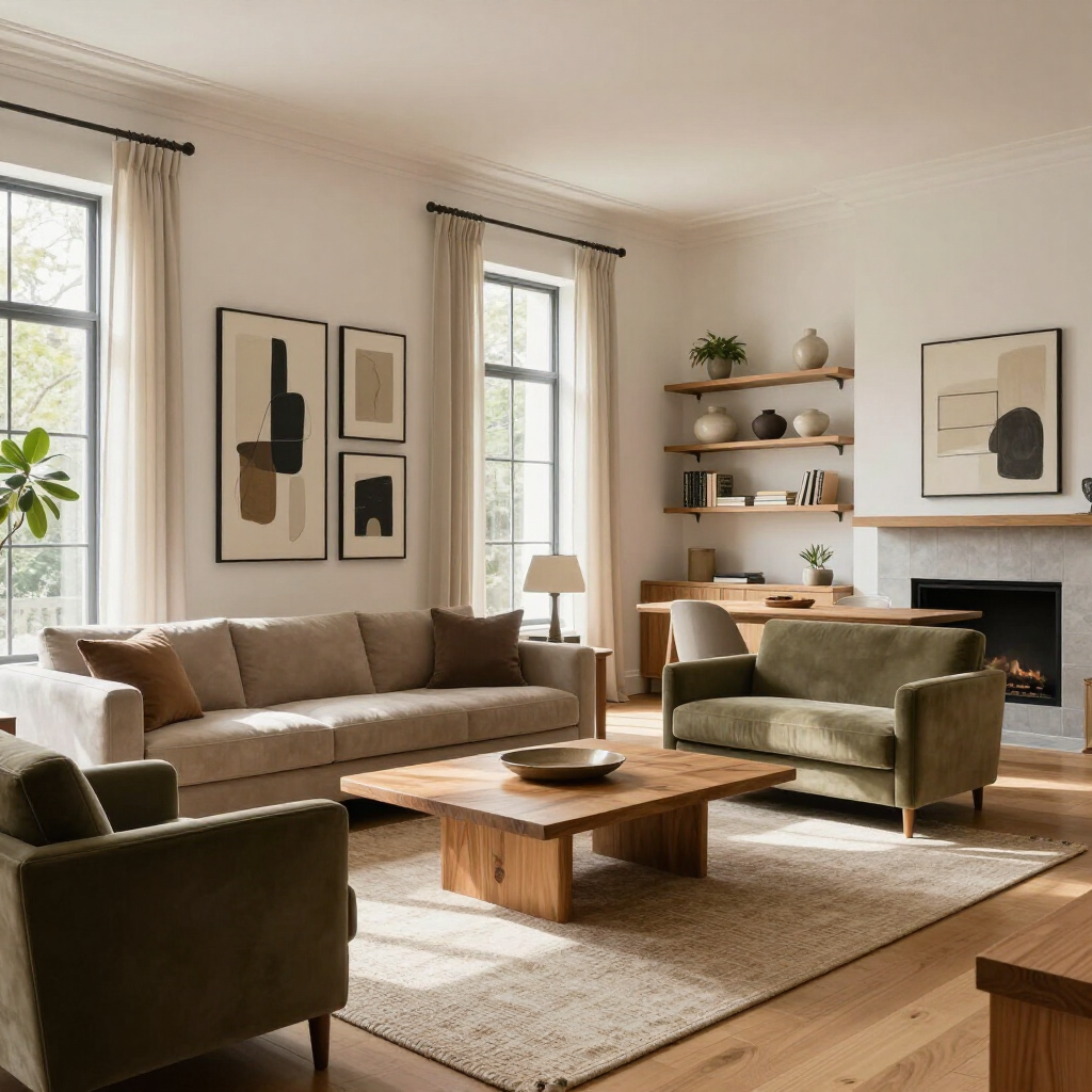 Bright modern living room with beige sofa, olive chairs, wooden coffee table, and framed wall art.