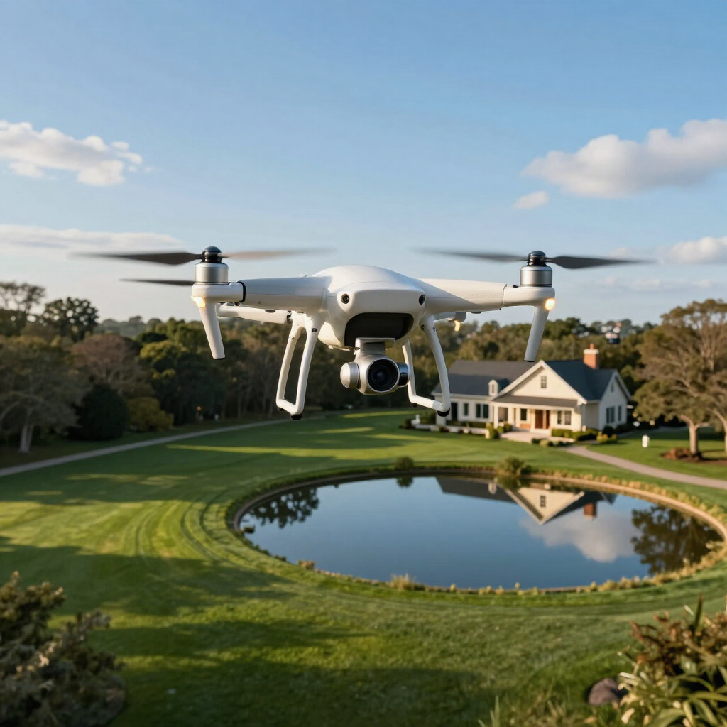 White drone hovering over a manicured lawn and pond beside a large house under a blue sky