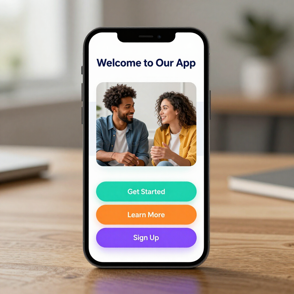 Mobile app welcome screen with a photo and three colorful buttons: Get Started, Learn More, and Sign Up