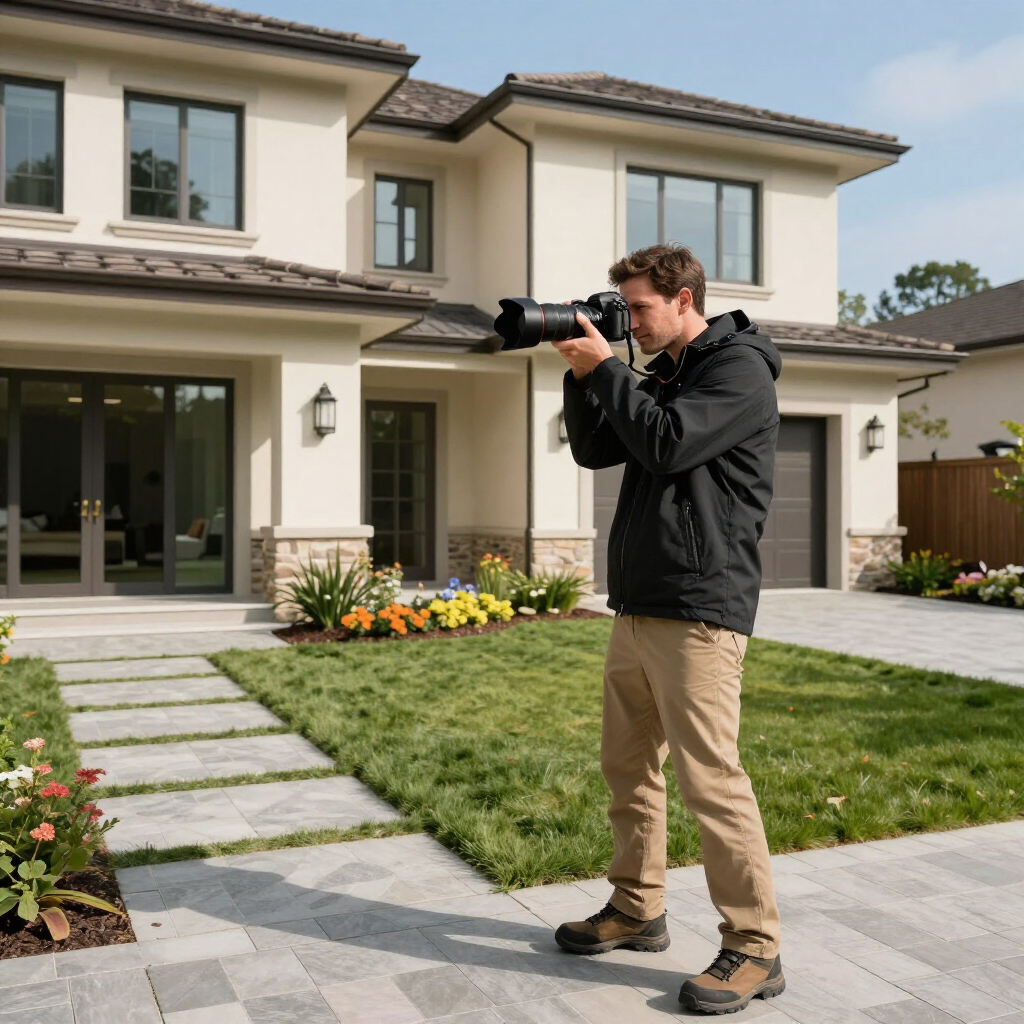 Photographer taking pictures of a modern house in a landscaped front yard