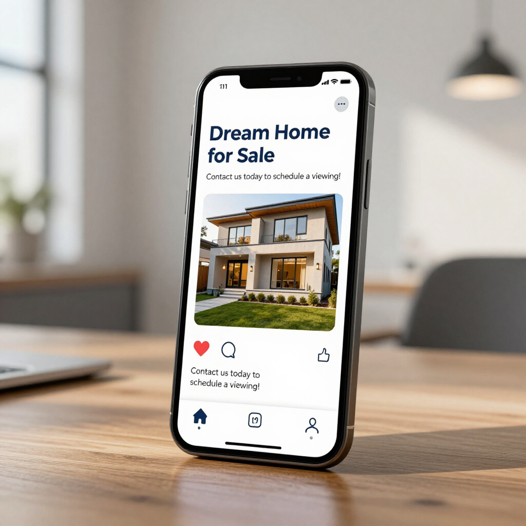 Smartphone displaying a “Dream Home for Sale” real estate app on a wooden table