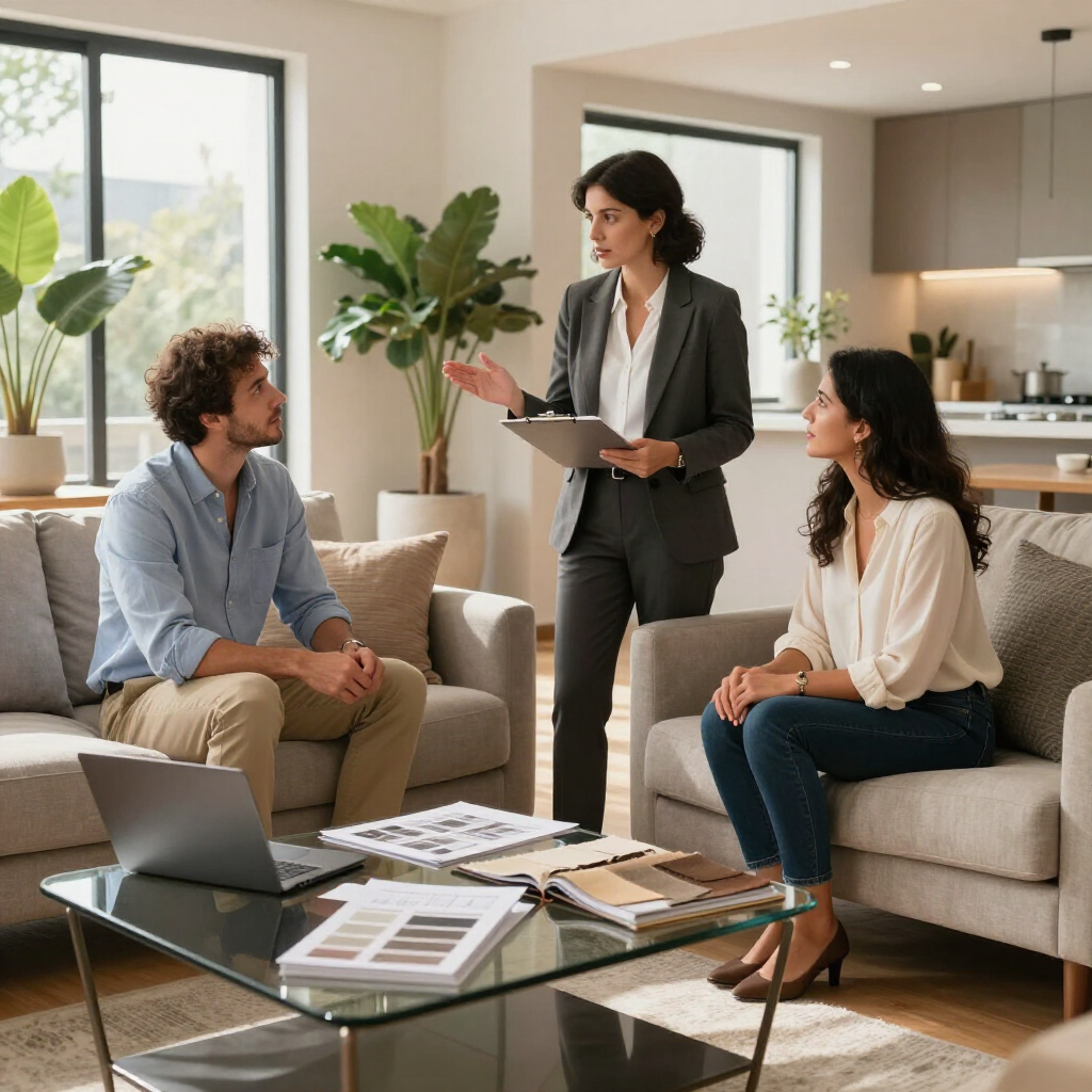 Three coworkers in a bright living room discussing documents around a glass coffee table