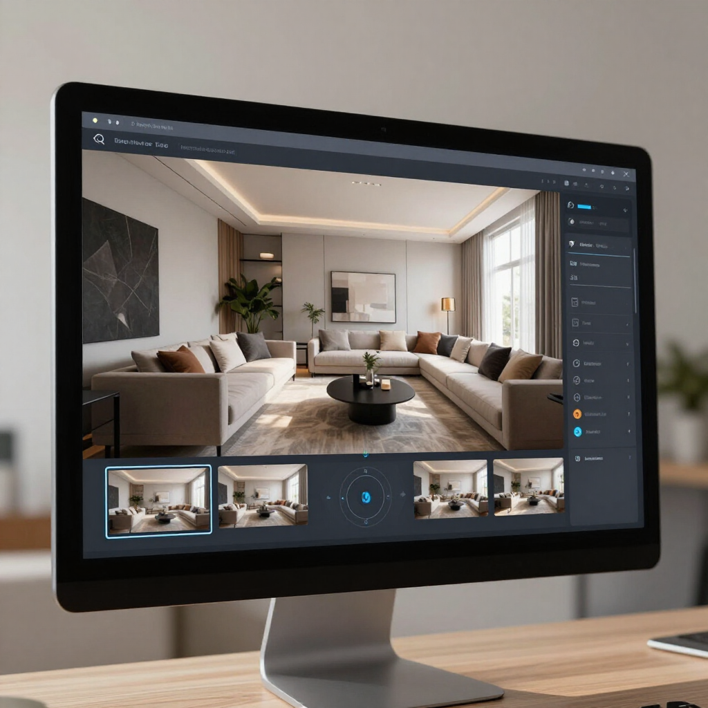 Desktop monitor displaying a bright living room interior design on a photo editing interface