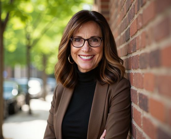 Smiling woman in glasses and brown blazer standing by a brick wall on a city sidewalk