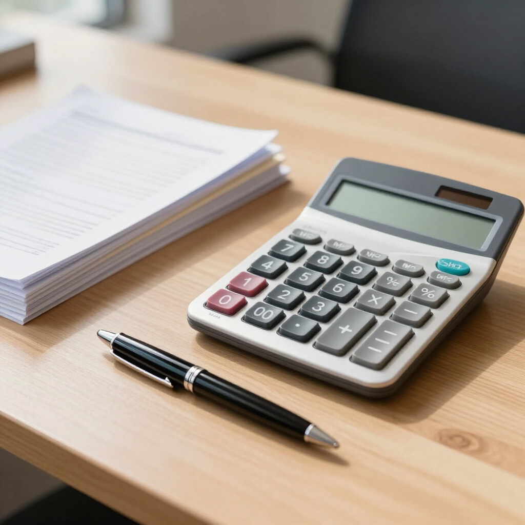 Escritorio contable con calculadora y documentos financieros