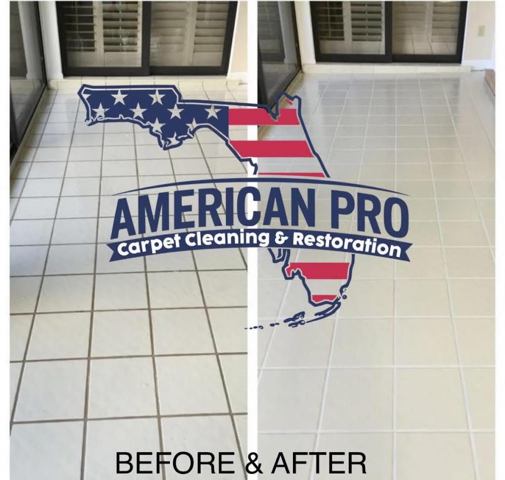 Before and after tile cleaning; dirty white tile floor cleaned to a shiny, bright appearance.