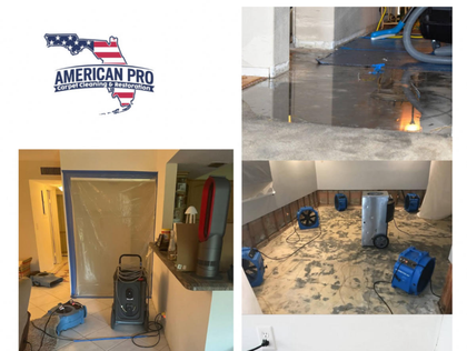 American Pro logo next to flood damage remediation photos. Equipment in rooms with water damage.