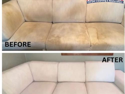 Before and after shot of a heavily stained light-colored couch, then a clean, restored couch.